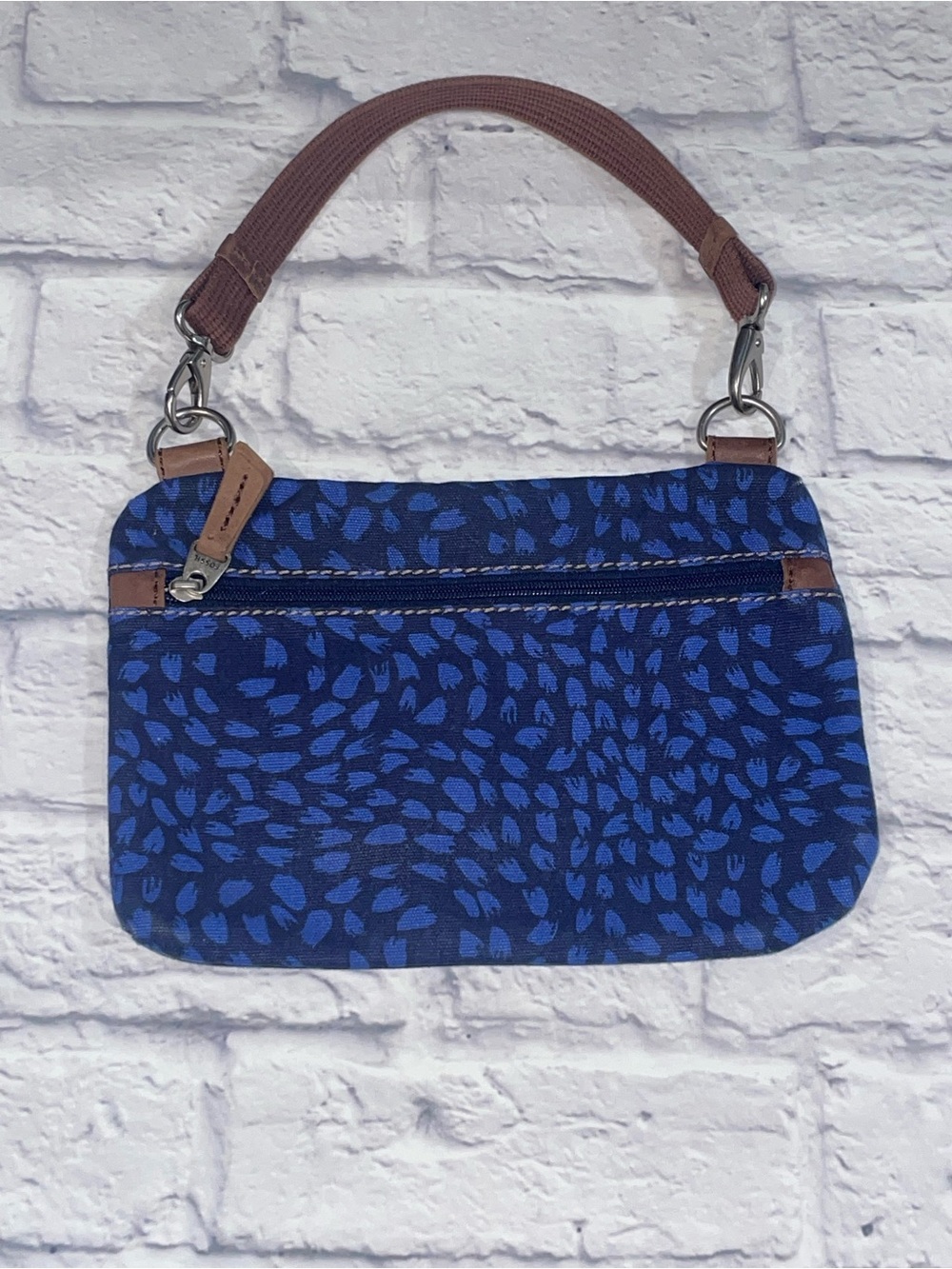 Fossil Canvas Side Zip Bag Blue Geometric Pattern 10.5" x 7" Leopard Swirls